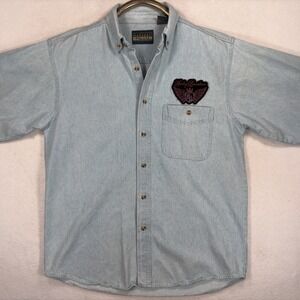 Vintage Harvard Square Denim Harley Davidson Patch Shirt Light Wash 90s Mens M